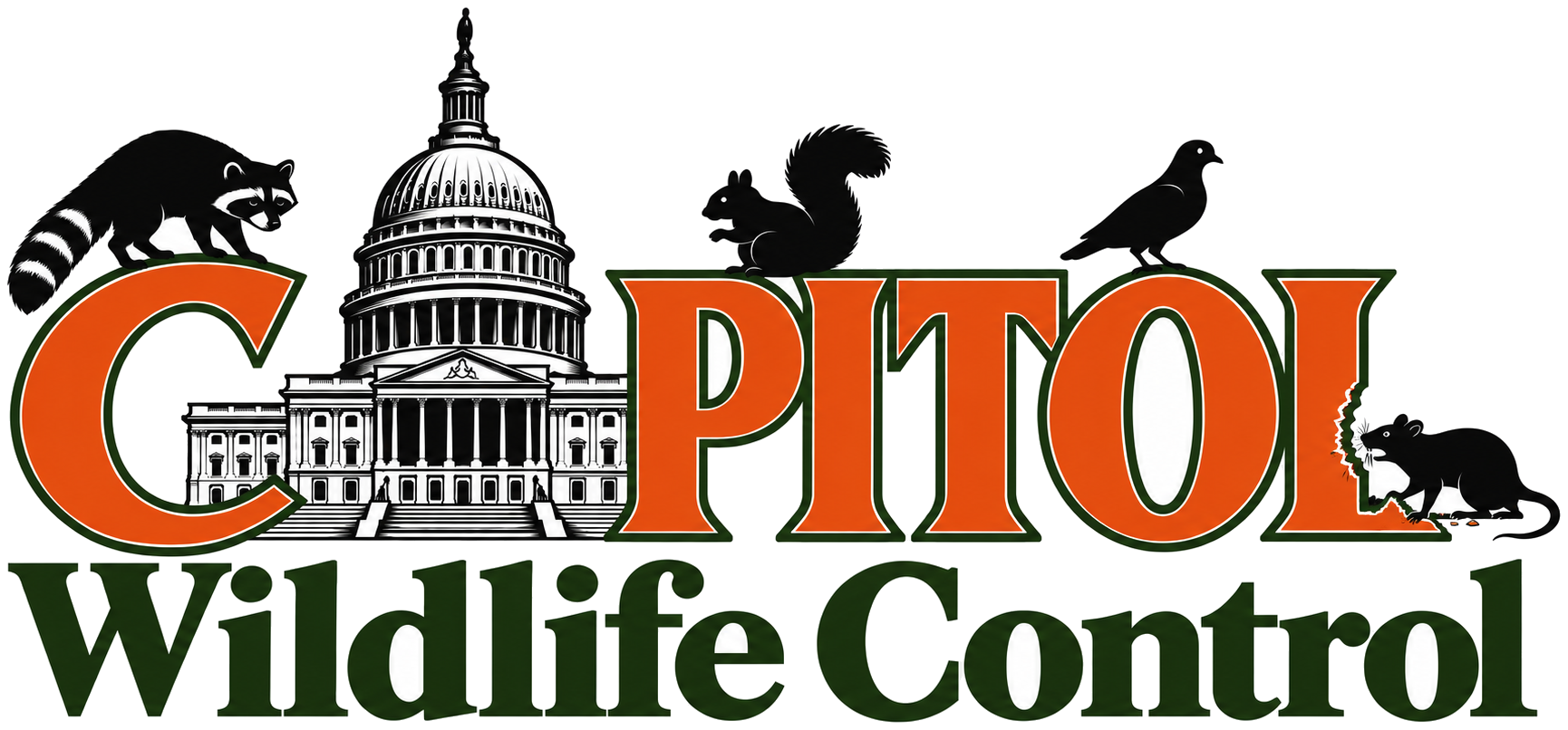 Capitol Wildlife Control logo with Capitol building, raccoon, squirrel, pigeon and rat